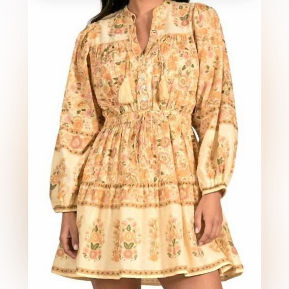 ELAN long sleeve print tie neck dress in cream monterey print Medium Lined - Picture 3 of 10